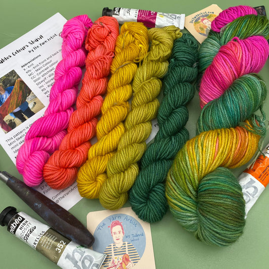 Kahlo's Colours Shawl Kit - Knitting- 5 x 20g Mini Skeins & 100g with pattern - Merino DK