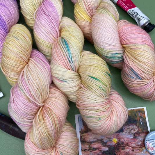 Monet Peachy Water Lilies - Superwash Sock 4 Ply or Superwash Merino DK